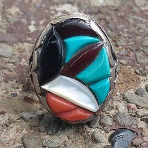 sterling silver vintage Native American multi gem inlay ring size 9
